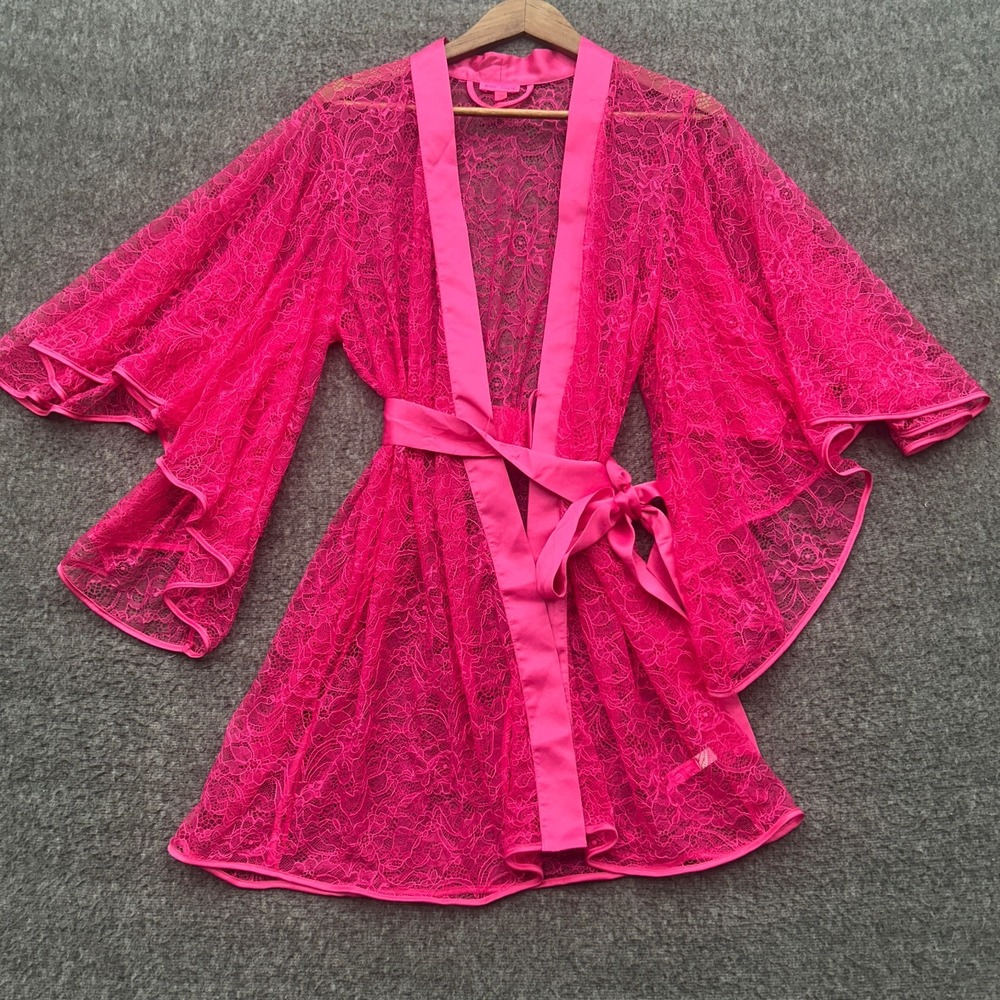 Betsey Johnson Fuchsia Sheer Lace Kimono Robe Bell Sleeve Hot Pink Large L Glam